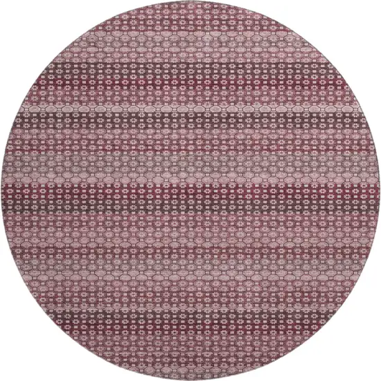 8' X 8' Burgundy Merlot And Pink Striped Washable Round Rug With UV Protection Photo 1