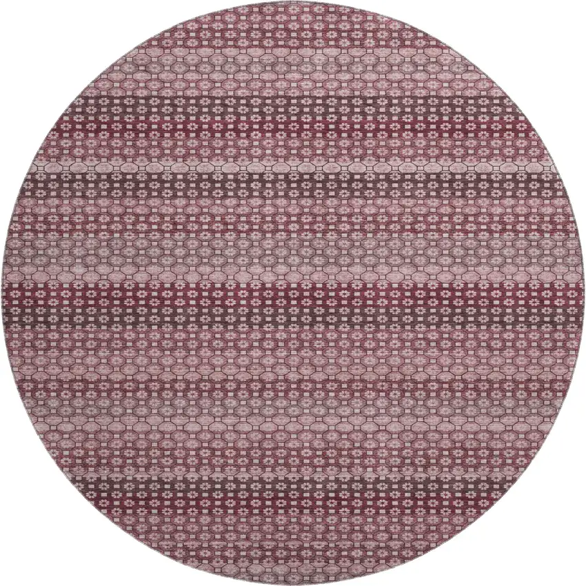 8' X 8' Burgundy Merlot And Pink Striped Washable Round Rug With UV Protection Photo 1