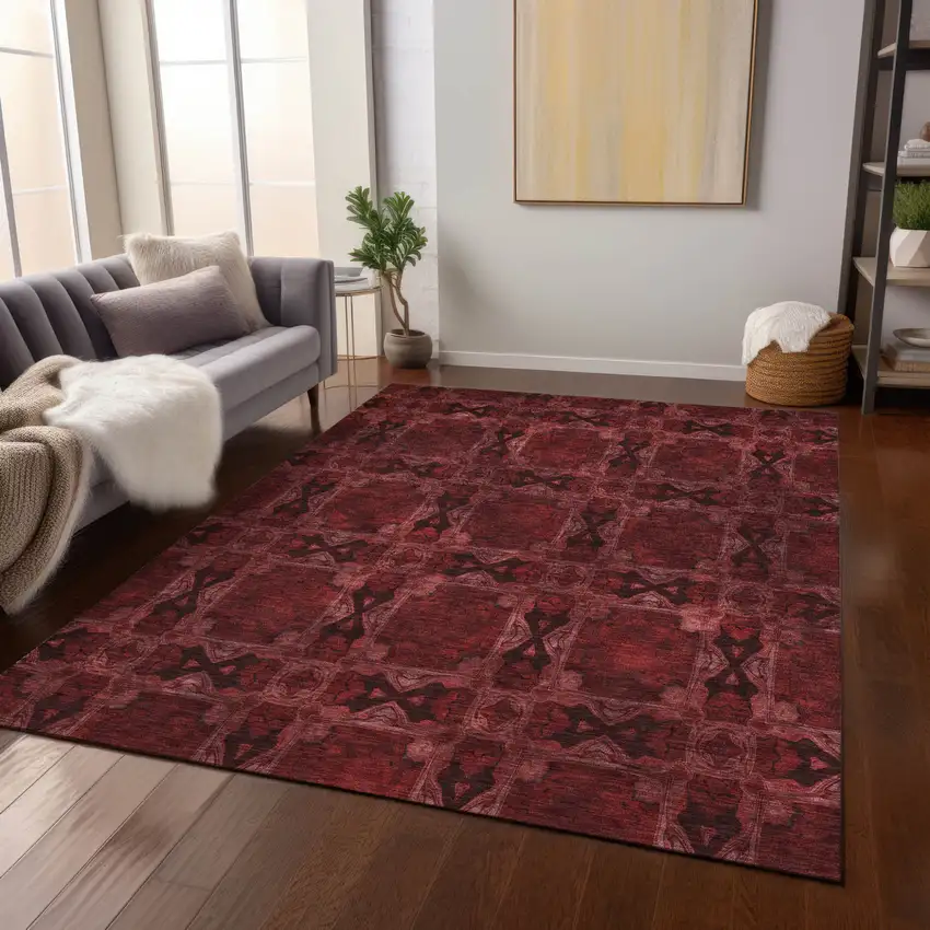 Burgundy And Black Floral Medallion Washable Indoor Outdoor Area Rug Photo 9
