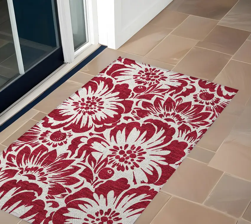 Burgundy and White Floral Washable Non Skid Indoor Outdoor Area Rug Photo 1