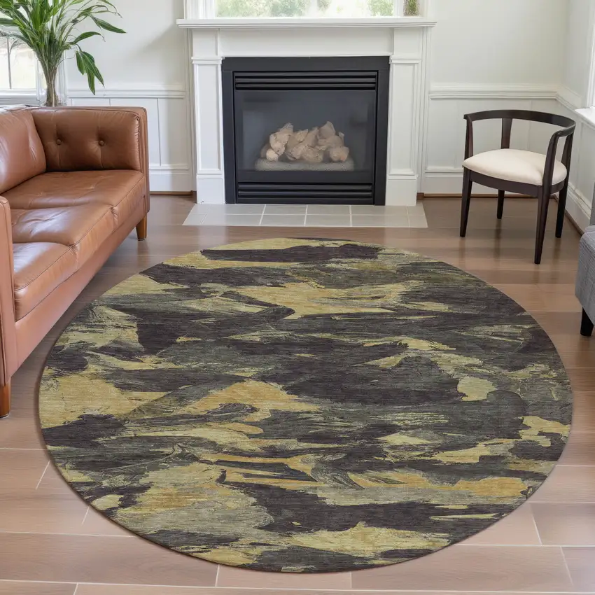 8' X 8' Charcoal And Gold Abstract Washable Round Rug With UV Protection Photo 4