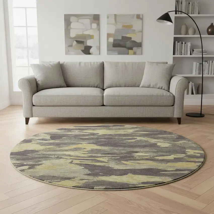 8' X 8' Charcoal And Gold Abstract Washable Round Rug With UV Protection Photo 2