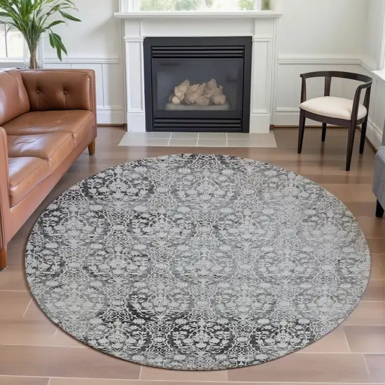 8' X 8' Charcoal And Ivory Damask Washable Round Rug With UV Protection Photo 4