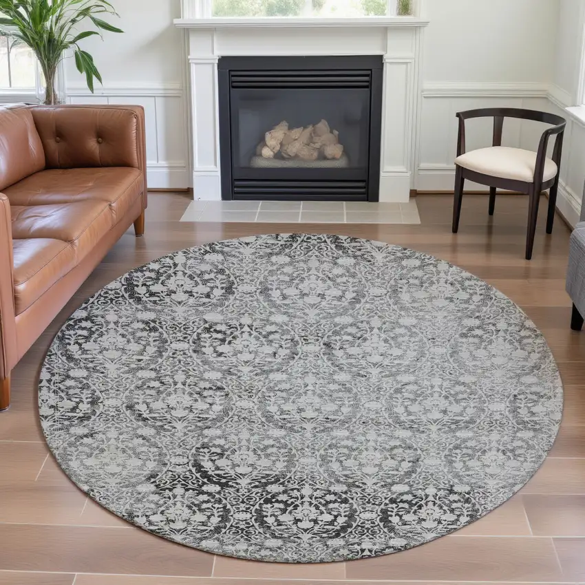 8' X 8' Charcoal And Ivory Damask Washable Round Rug With UV Protection Photo 4