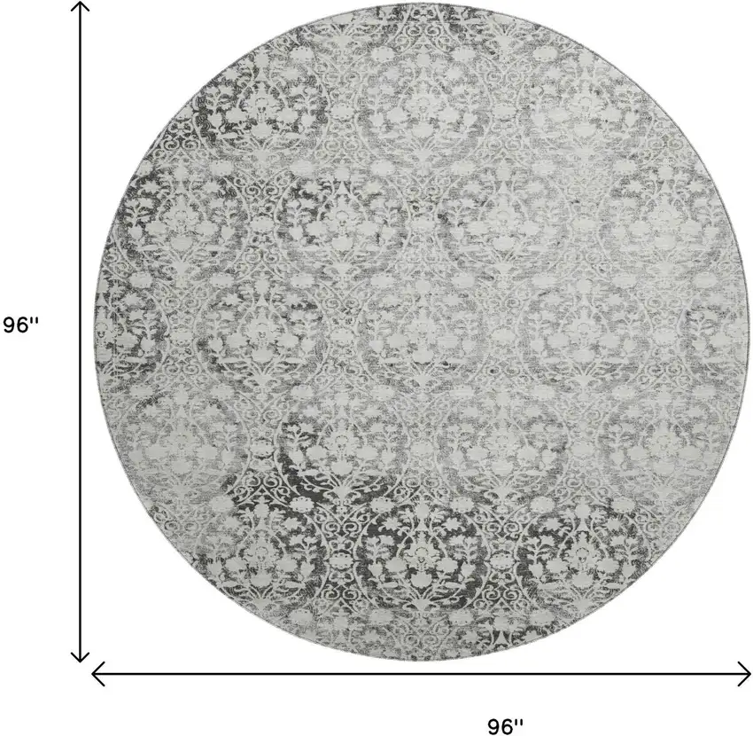 8' X 8' Charcoal And Ivory Damask Washable Round Rug With UV Protection Photo 9