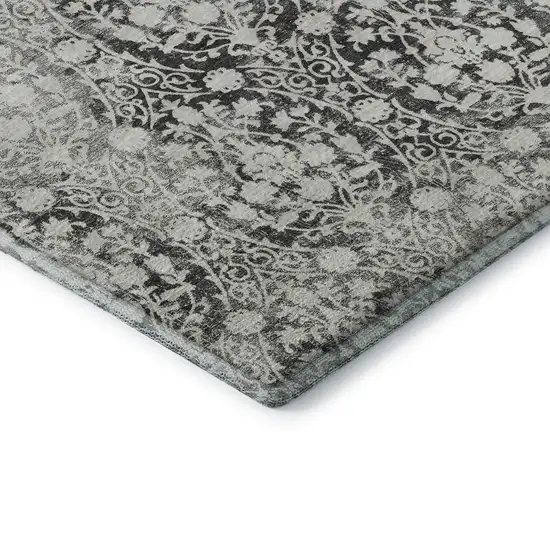 8' X 8' Charcoal And Ivory Damask Washable Round Rug With UV Protection Photo 6