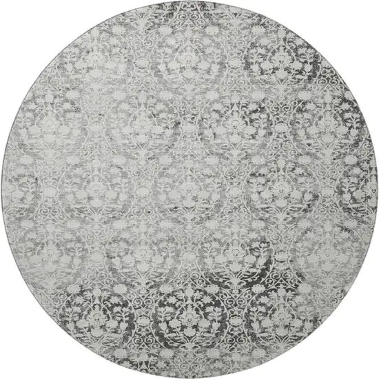 8' X 8' Charcoal And Ivory Damask Washable Round Rug With UV Protection Photo 3