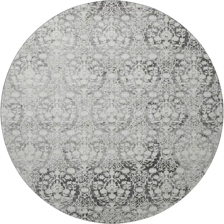 8' X 8' Charcoal And Ivory Damask Washable Round Rug With UV Protection Photo 3