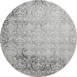 Photo of 8' X 8' Charcoal And Ivory Damask Washable Round Rug With UV Protection