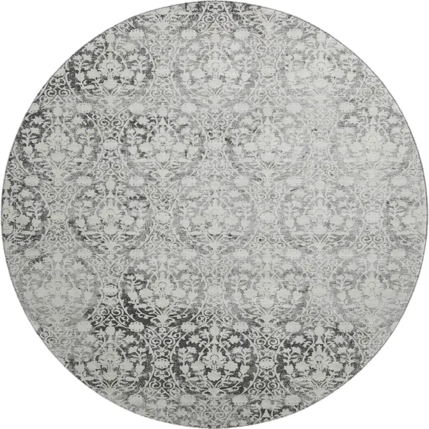 8' X 8' Charcoal And Ivory Damask Washable Round Rug With UV Protection Photo 1