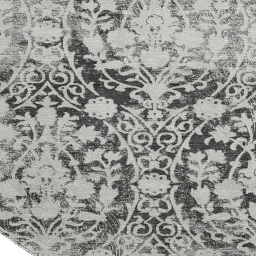 8' X 8' Charcoal And Ivory Damask Washable Round Rug With UV Protection Photo 2