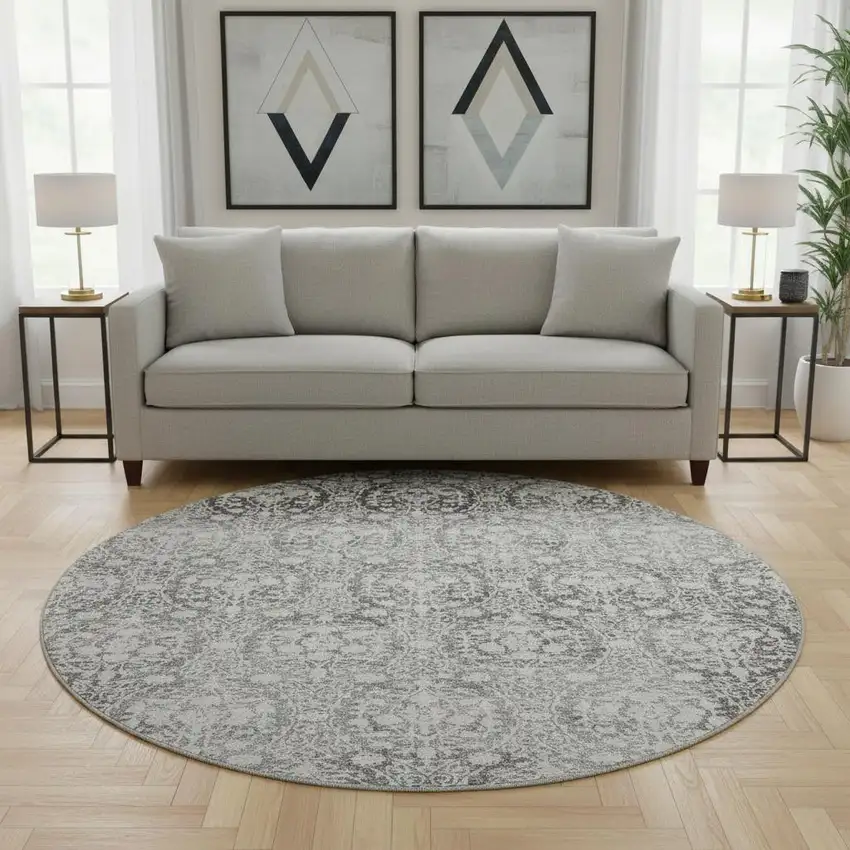 8' X 8' Charcoal And Ivory Damask Washable Round Rug With UV Protection Photo 2