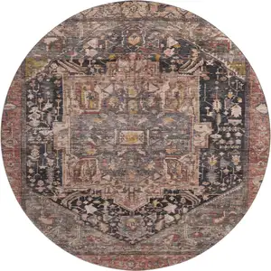 Photo of 8' X 8' Charcoal Gold And Rust Oriental Washable Round Rug With UV Protection