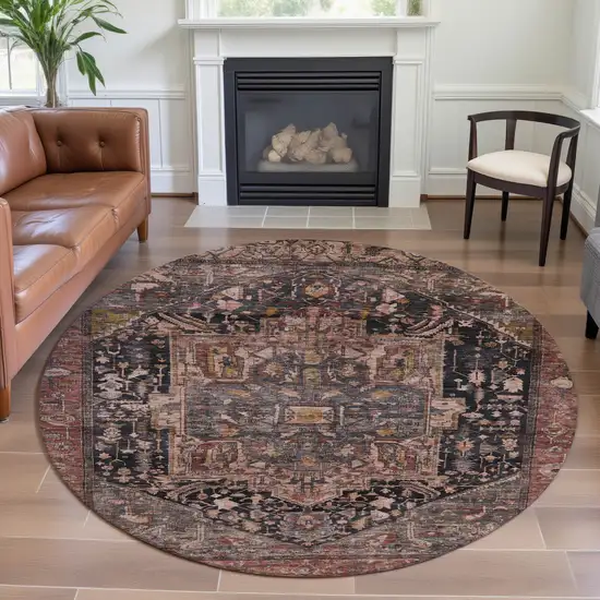 8' X 8' Charcoal Gold And Rust Oriental Washable Round Rug With UV Protection Photo 4