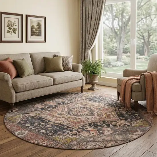 8' X 8' Charcoal Gold And Rust Oriental Washable Round Rug With UV Protection Photo 1