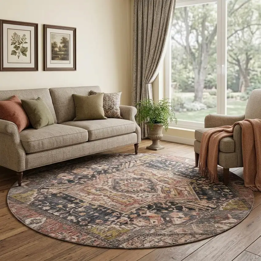 8' X 8' Charcoal Gold And Rust Oriental Washable Round Rug With UV Protection Photo 1