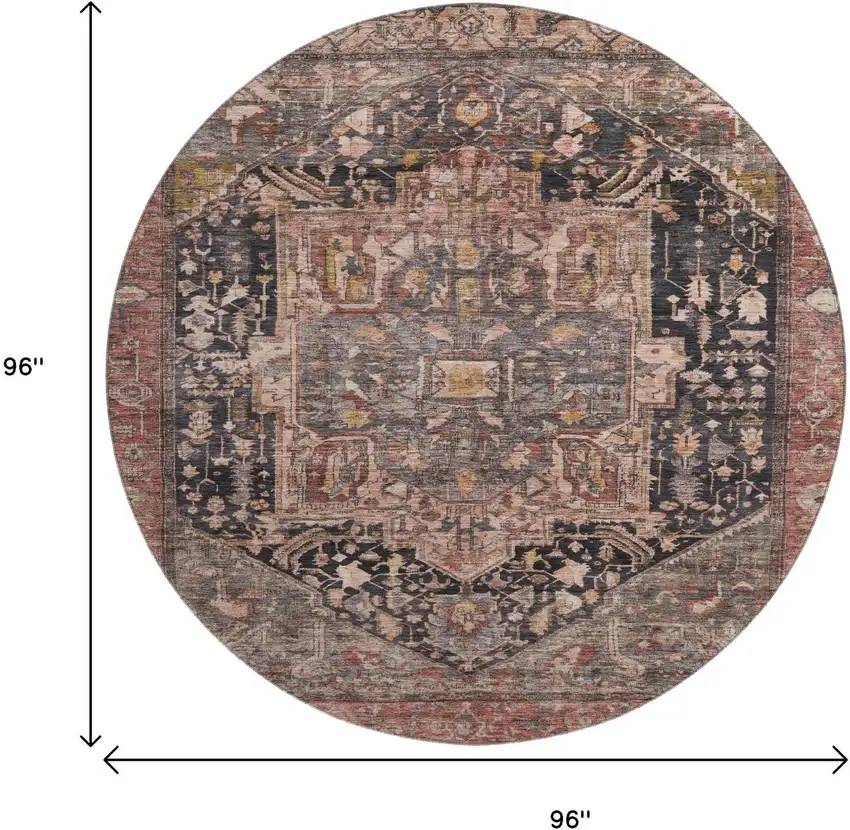 8' X 8' Charcoal Gold And Rust Oriental Washable Round Rug With UV Protection Photo 9