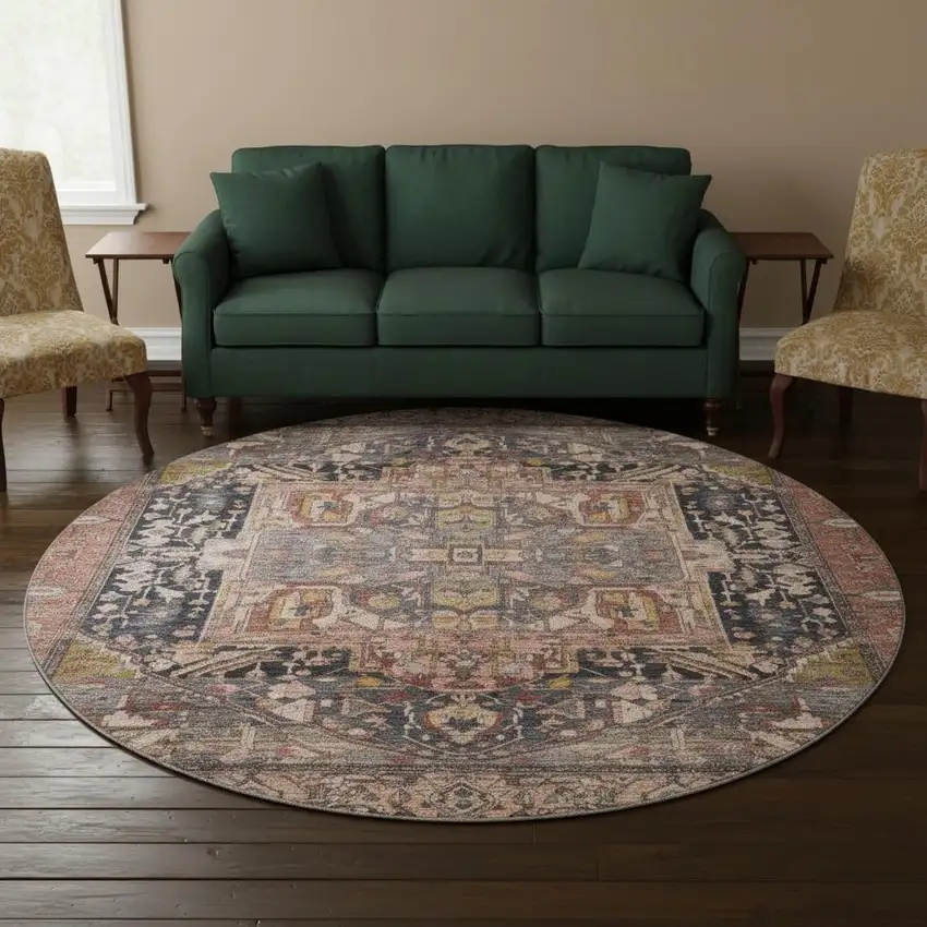 8' X 8' Charcoal Gold And Rust Oriental Washable Round Rug With UV Protection Photo 2