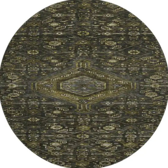 8' X 8' Charcoal Olive Green And Silver Floral Washable Round Rug With UV Protection Photo 3