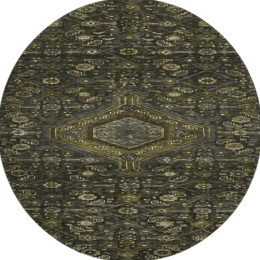 8' X 8' Charcoal Olive Green And Silver Floral Washable Round Rug With UV Protection Photo 3