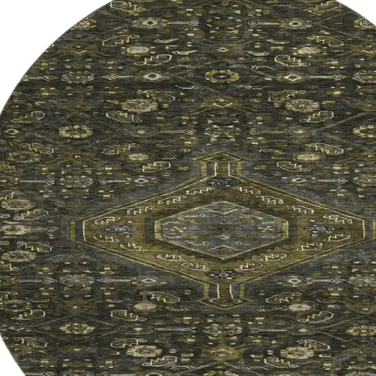 8' X 8' Charcoal Olive Green And Silver Floral Washable Round Rug With UV Protection Photo 2