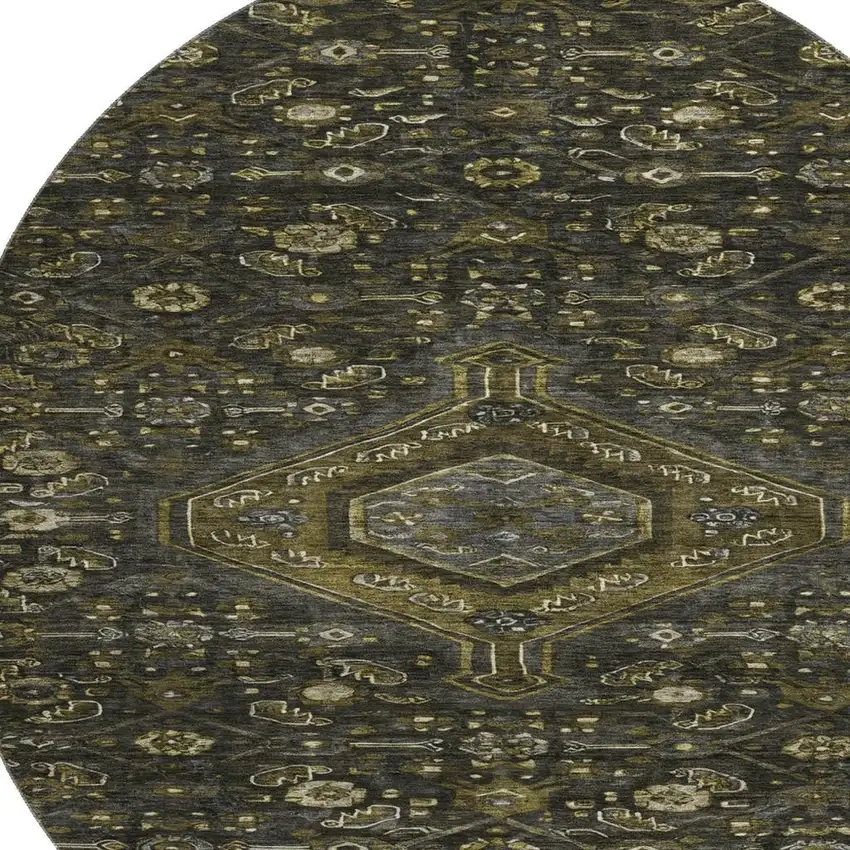 8' X 8' Charcoal Olive Green And Silver Floral Washable Round Rug With UV Protection Photo 2
