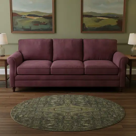 8' X 8' Charcoal Olive Green And Silver Floral Washable Round Rug With UV Protection Photo 2