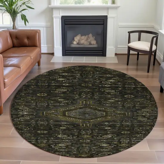8' X 8' Charcoal Olive Green And Silver Floral Washable Round Rug With UV Protection Photo 4