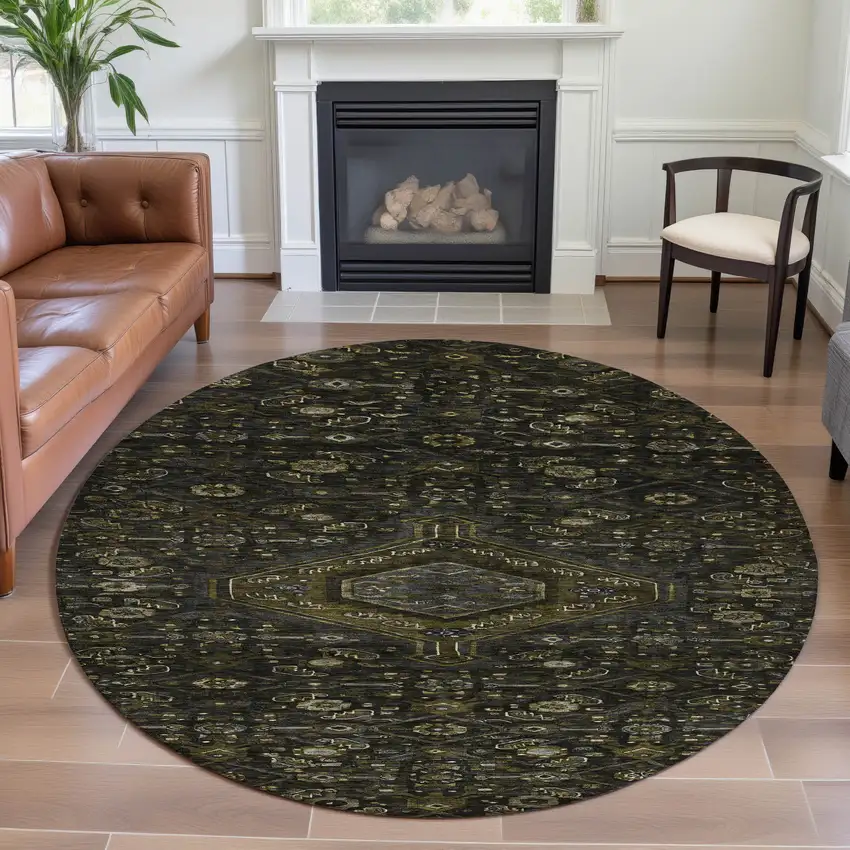 8' X 8' Charcoal Olive Green And Silver Floral Washable Round Rug With UV Protection Photo 4