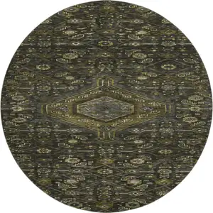 Photo of 8' X 8' Charcoal Olive Green And Silver Floral Washable Round Rug With UV Protection