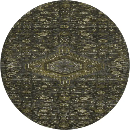 8' X 8' Charcoal Olive Green And Silver Floral Washable Round Rug With UV Protection Photo 1