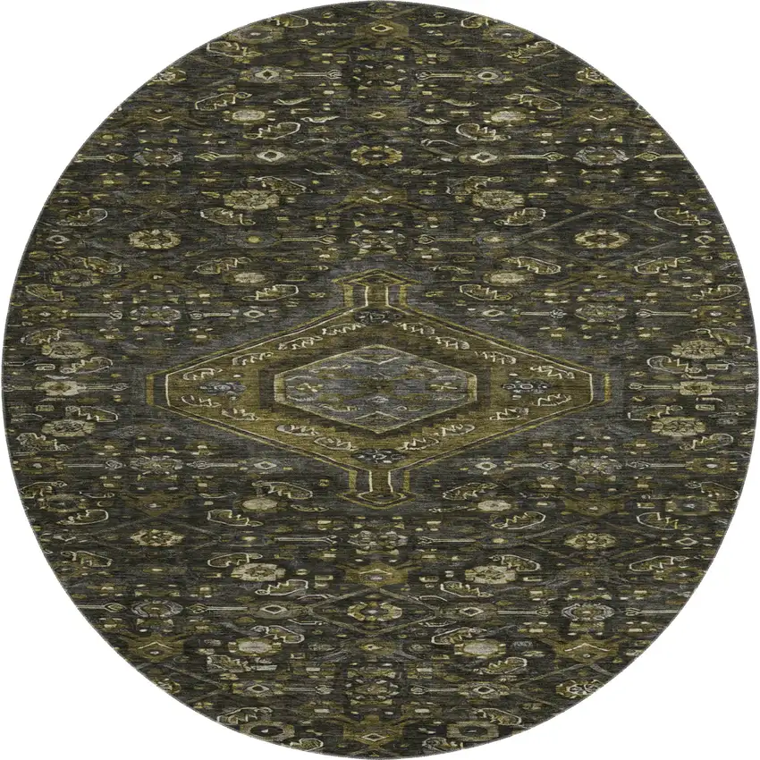 8' X 8' Charcoal Olive Green And Silver Floral Washable Round Rug With UV Protection Photo 1