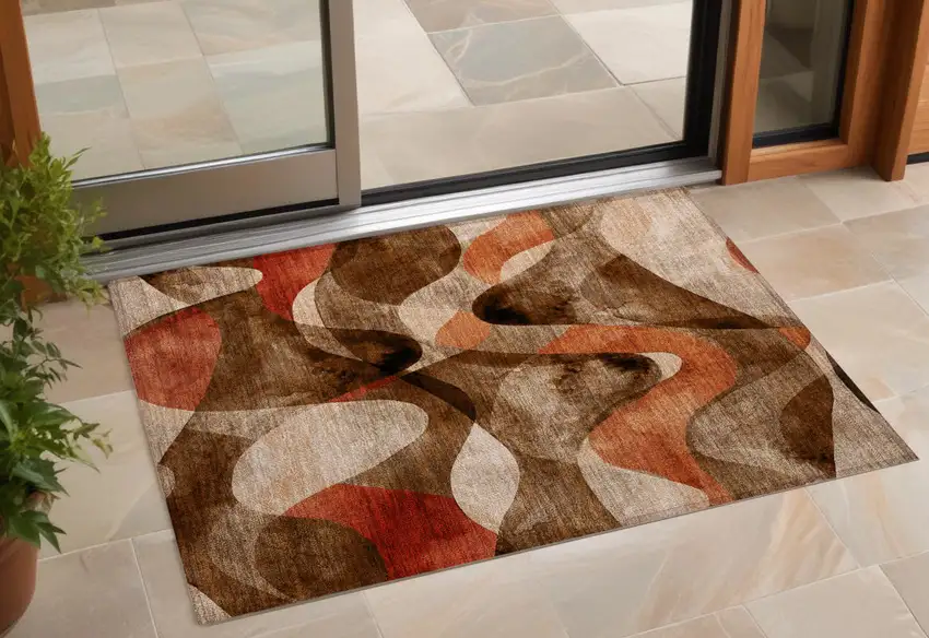 3' X 4' Chocolate Abstract Washable Non Skid Indoor Outdoor Area Rug Photo 1