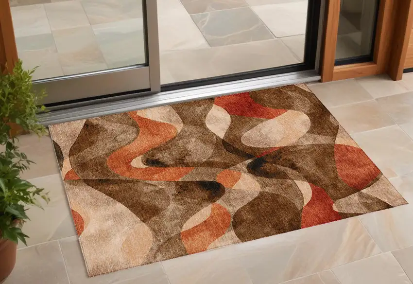 3' X 5' Chocolate Abstract Washable Non Skid Indoor Outdoor Area Rug Photo 1