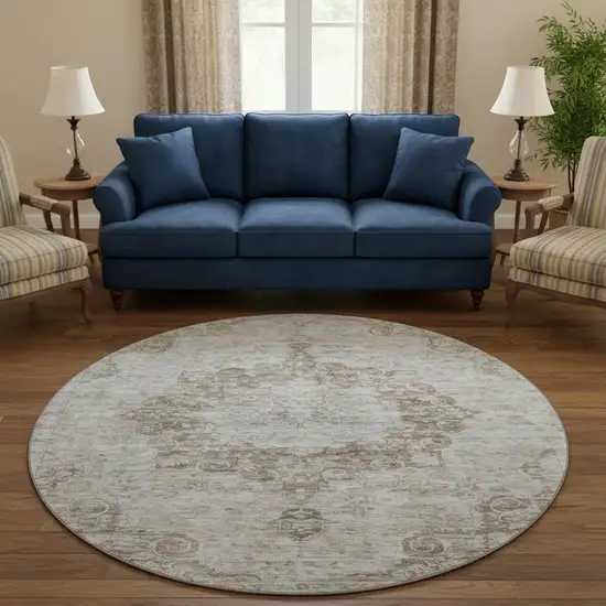 8' X 8' Chocolate And Beige Oriental Washable Round Rug With UV Protection Photo 2