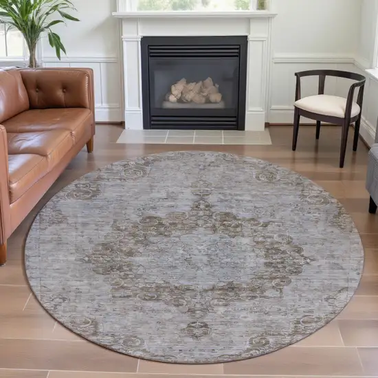 8' X 8' Chocolate And Beige Oriental Washable Round Rug With UV Protection Photo 4