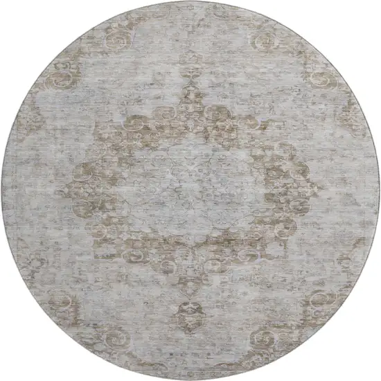 8' X 8' Chocolate And Beige Oriental Washable Round Rug With UV Protection Photo 1