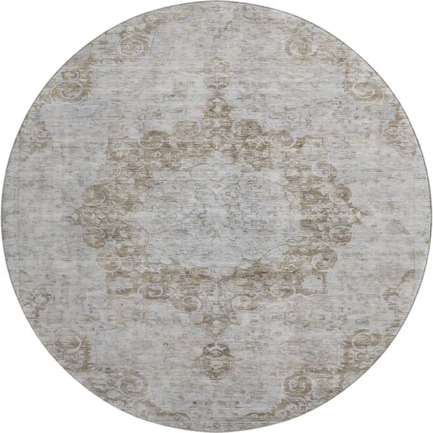 8' X 8' Chocolate And Beige Oriental Washable Round Rug With UV Protection Photo 1