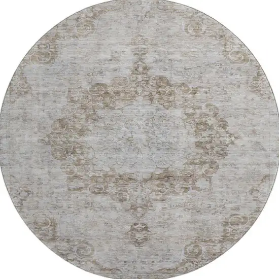 8' X 8' Chocolate And Beige Oriental Washable Round Rug With UV Protection Photo 3