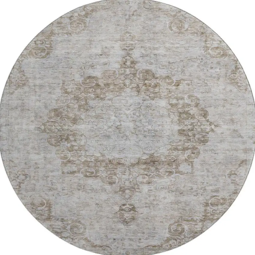 8' X 8' Chocolate And Beige Oriental Washable Round Rug With UV Protection Photo 3