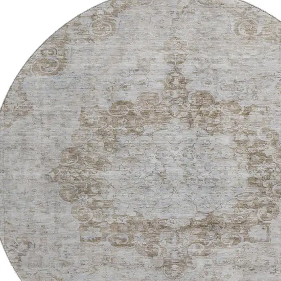 8' X 8' Chocolate And Beige Oriental Washable Round Rug With UV Protection Photo 2