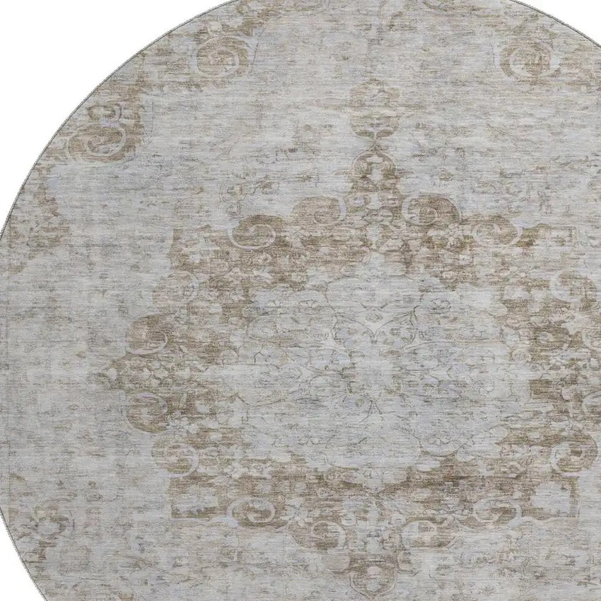 8' X 8' Chocolate And Beige Oriental Washable Round Rug With UV Protection Photo 2