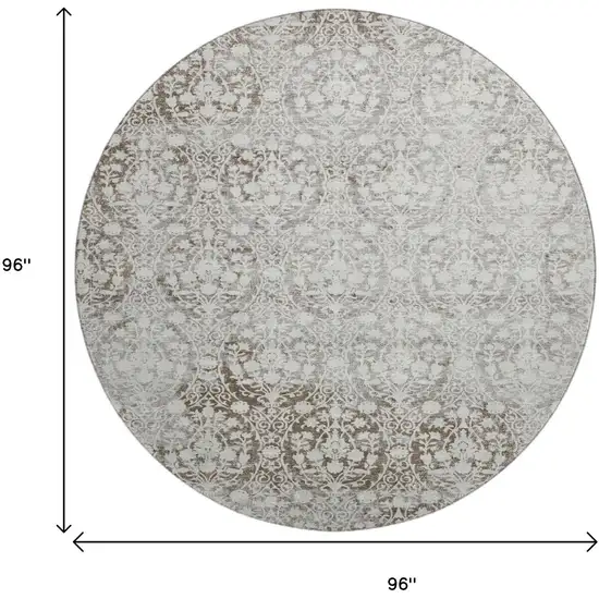 8' X 8' Chocolate And Ivory Damask Washable Round Rug With UV Protection Photo 9
