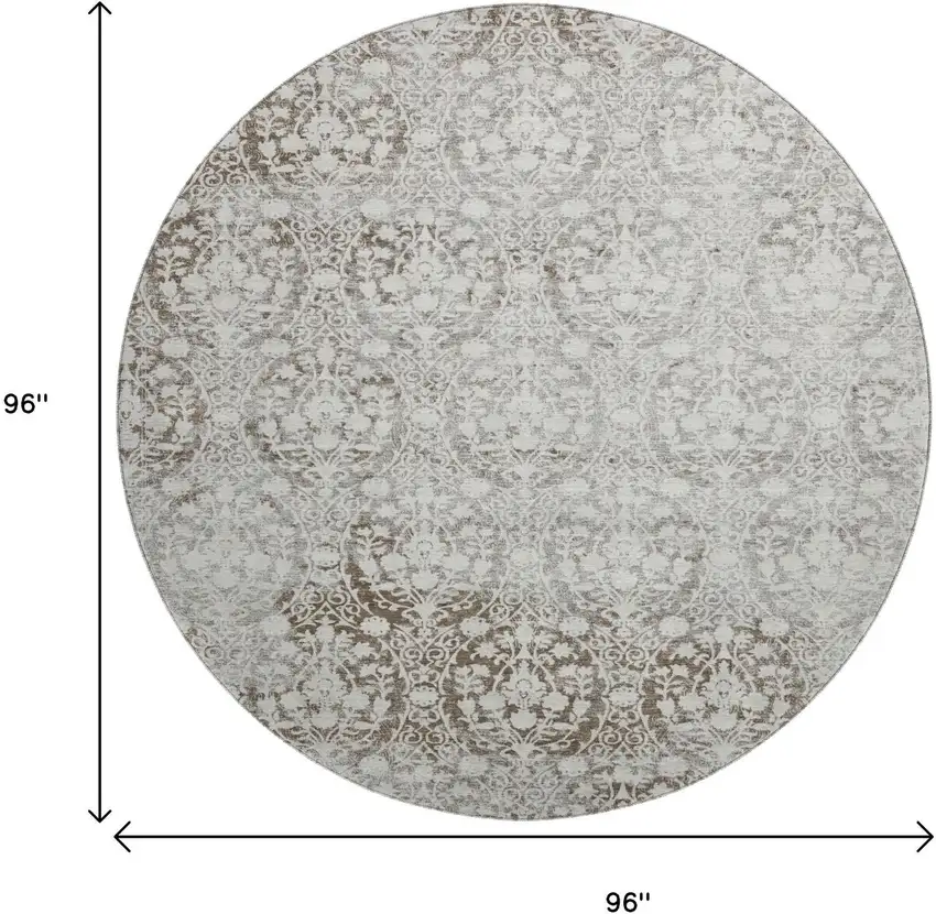 8' X 8' Chocolate And Ivory Damask Washable Round Rug With UV Protection Photo 9
