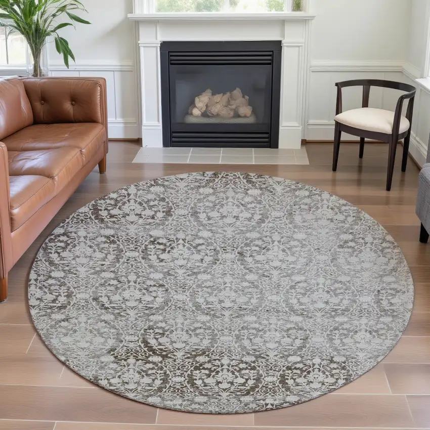 8' X 8' Chocolate And Ivory Damask Washable Round Rug With UV Protection Photo 4