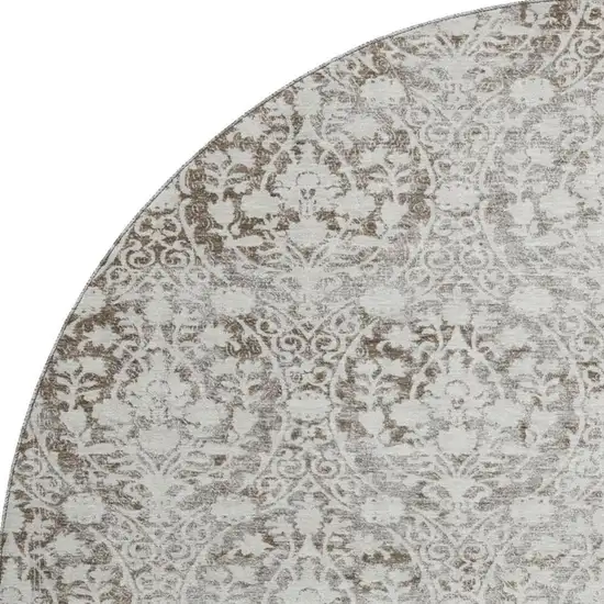 8' X 8' Chocolate And Ivory Damask Washable Round Rug With UV Protection Photo 2