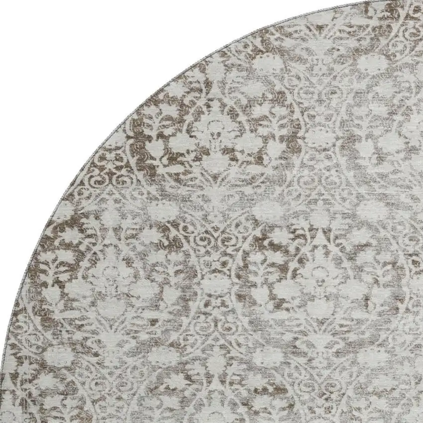 8' X 8' Chocolate And Ivory Damask Washable Round Rug With UV Protection Photo 2