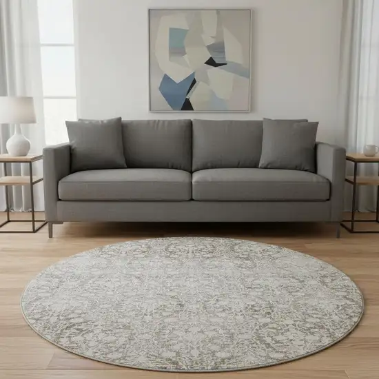 8' X 8' Chocolate And Ivory Damask Washable Round Rug With UV Protection Photo 2