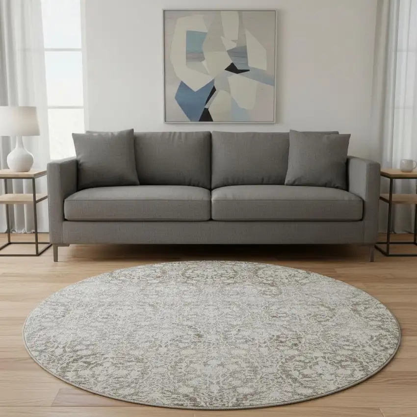 8' X 8' Chocolate And Ivory Damask Washable Round Rug With UV Protection Photo 2