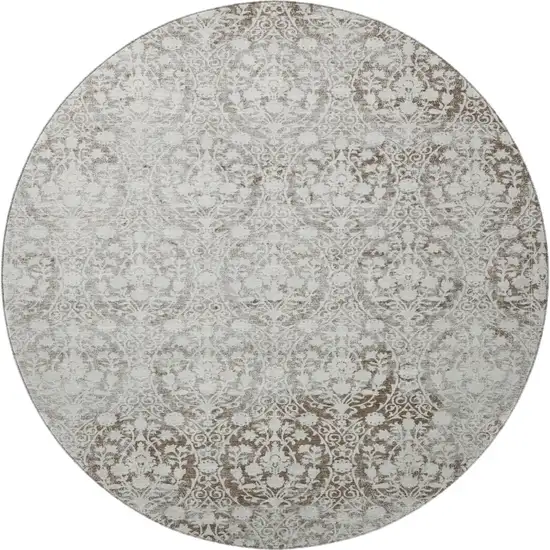 8' X 8' Chocolate And Ivory Damask Washable Round Rug With UV Protection Photo 3
